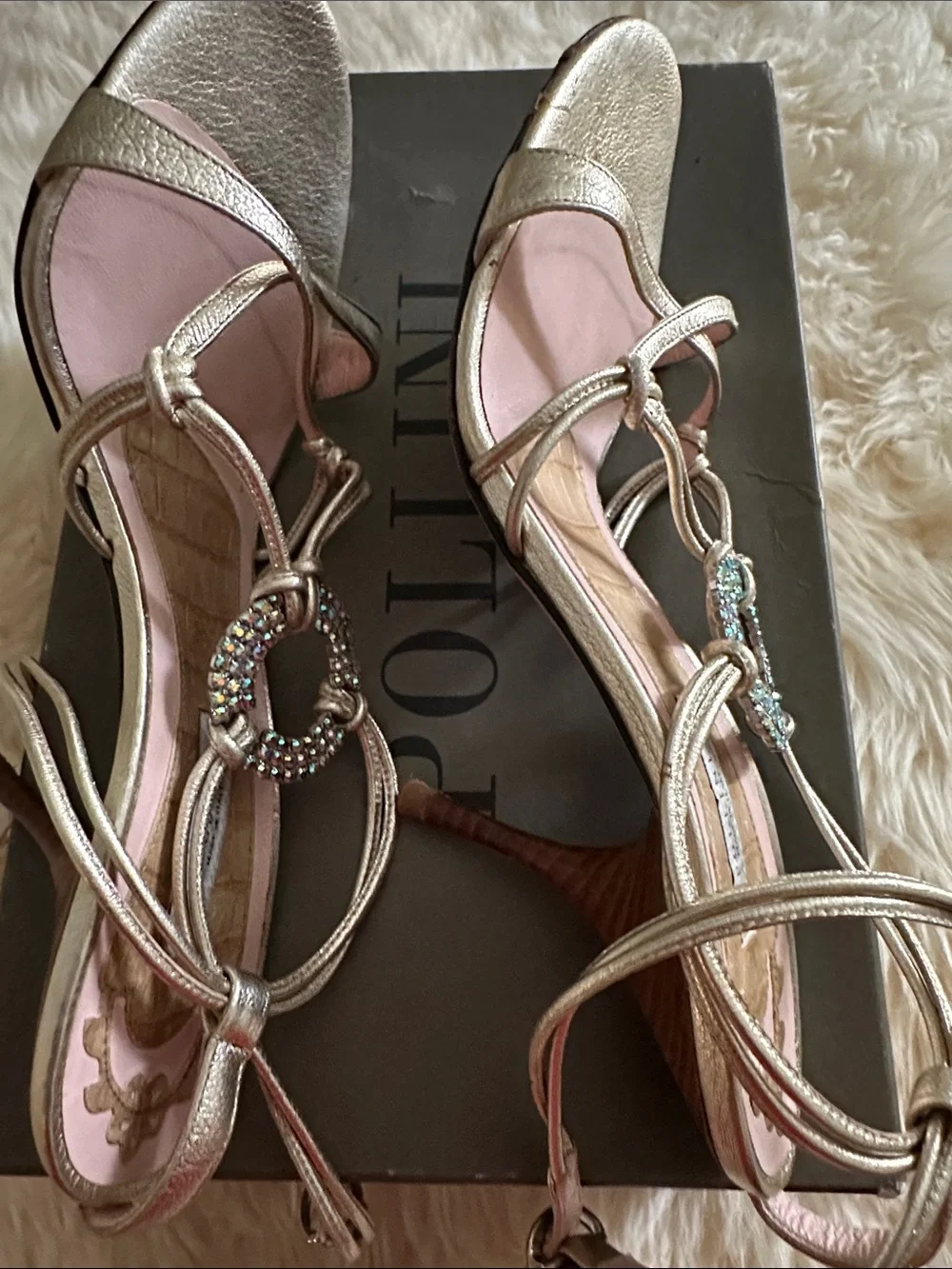 Pollini Metallic Gold Strappy Sandals with Pink Insole and Crystal Ring